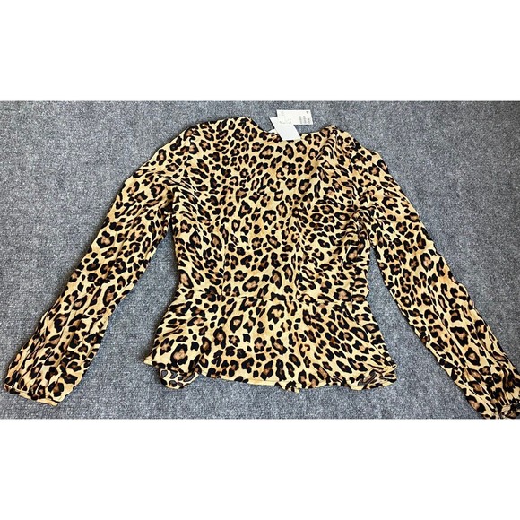H&M Blouse Womens 4 Tan Black Leopard Long Sleeve Cross Tie Ruffle NEW Career‎ - Picture 2 of 10